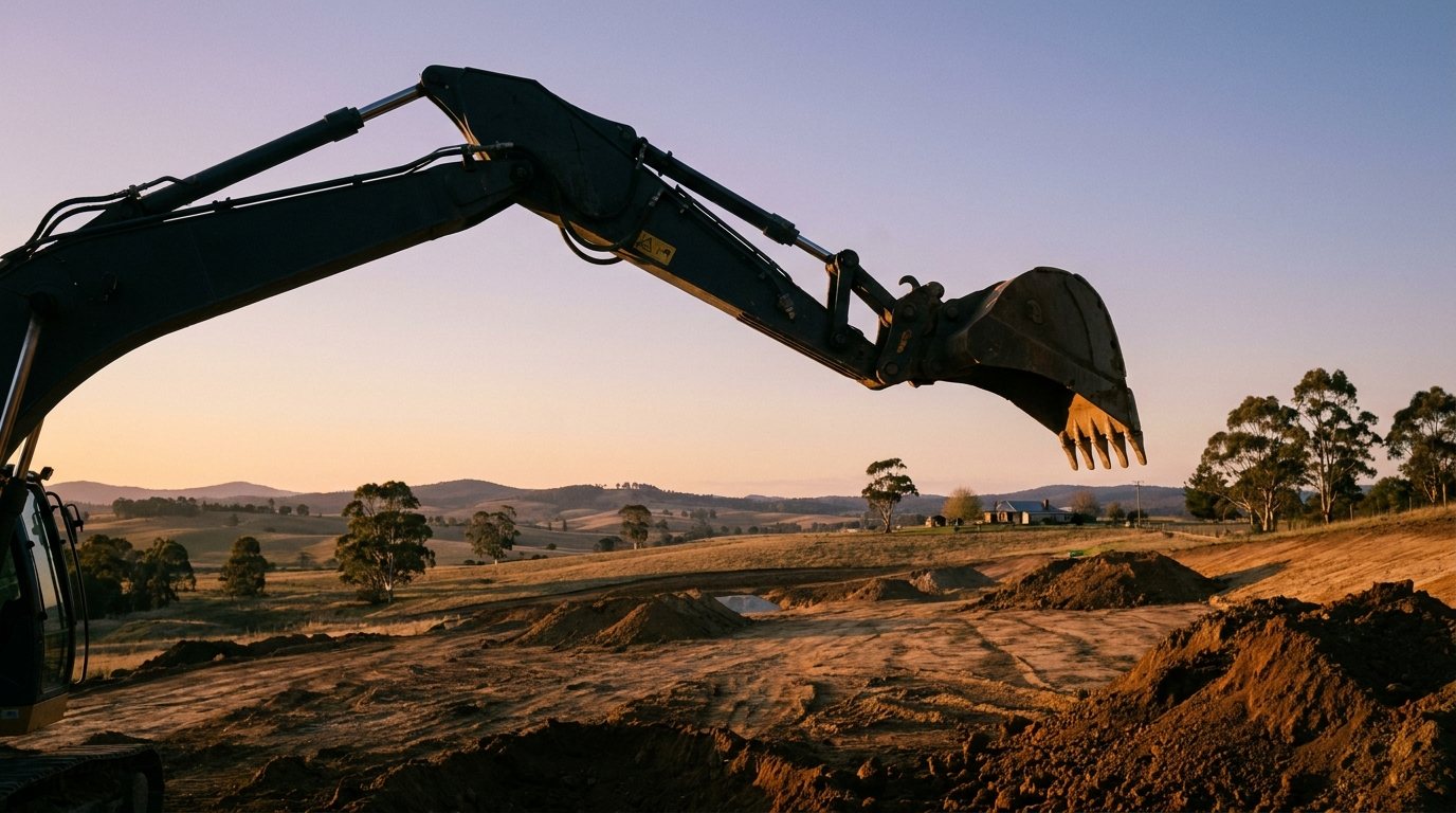 An excavator arm silhouetted against a soft dusk sky over a Tasmanian earthworks site
