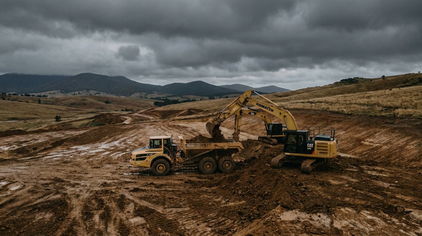 A tipper truck and excavator working a large earthworks site under a moody Tasmanian sky