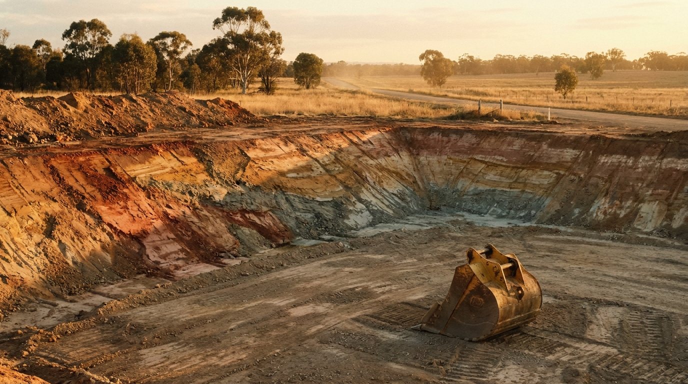 A deep excavation site cut showing layered earth at golden hour in rural Tasmania