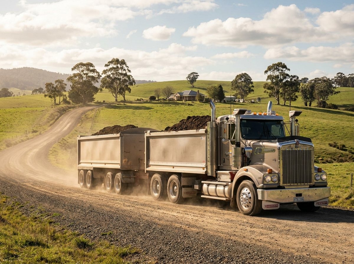 A tipper truck and dog trailer loaded with soil on a rural Tasmanian road