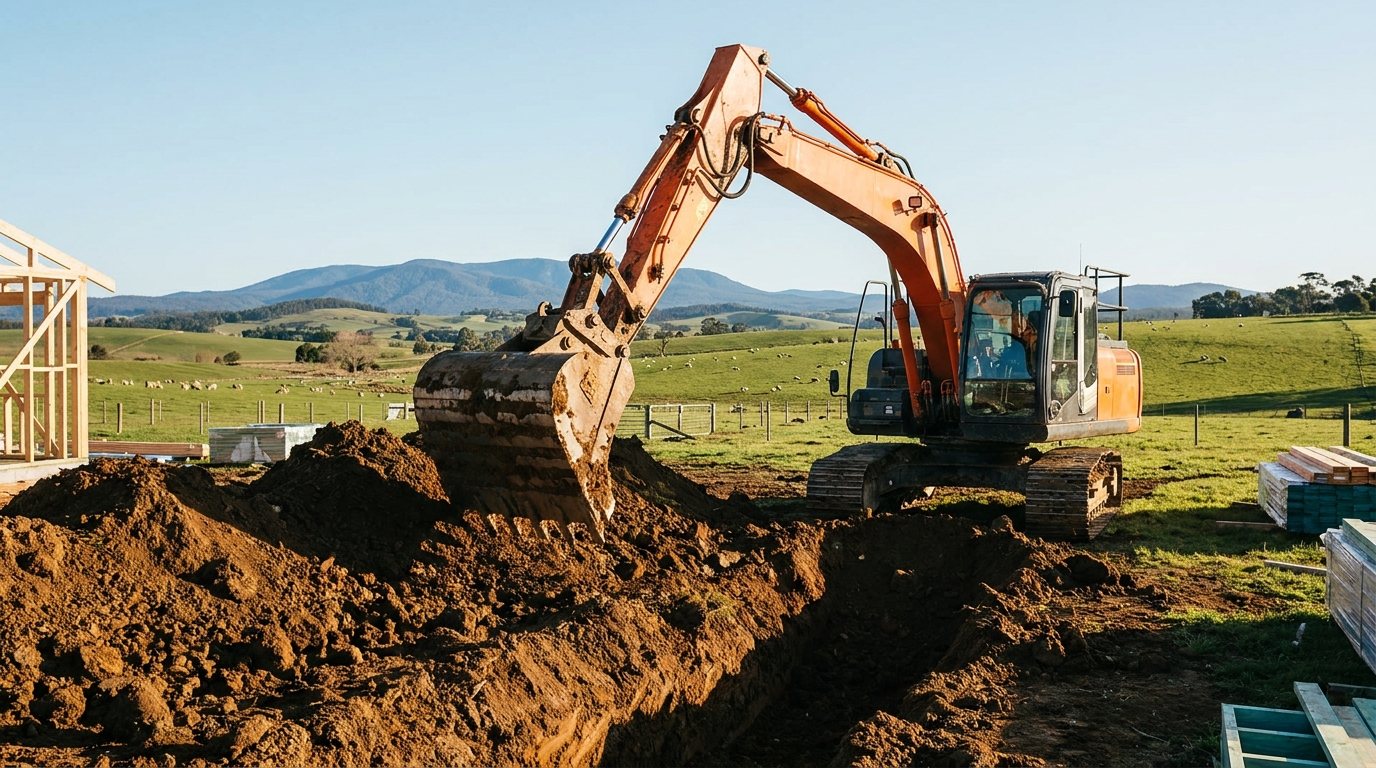 An excavator digging into rich brown earth on a rural Tasmanian building site
